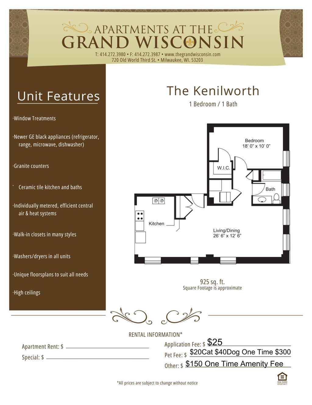 Apartment rental information of floor plan Kenilworth at Grand Wisconsin, Milwaukee