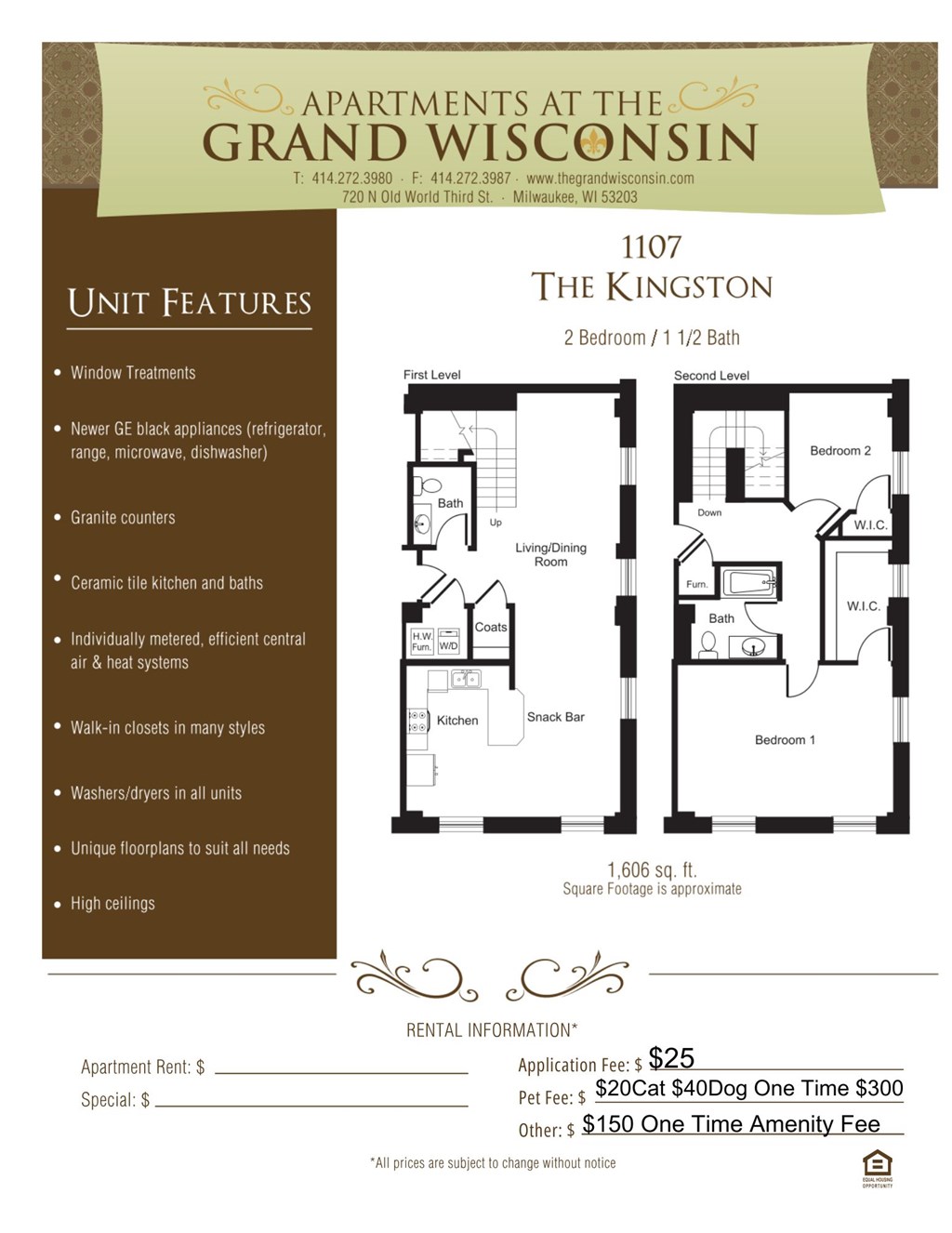 Apartment rental information of floor plan Kingston at Grand Wisconsin, Milwaukee, 53203