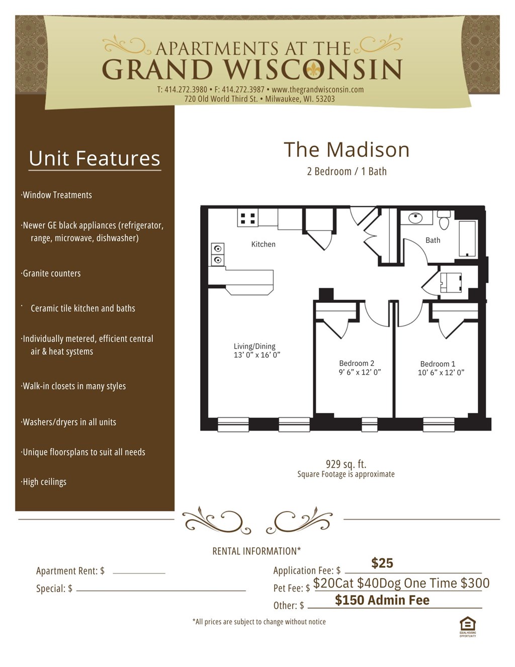 Apartment rental flyer for Madison at Grand Wisconsin, Milwaukee, WI, 53203