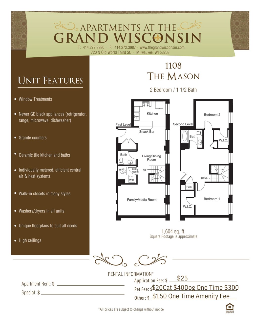 Apartment rental information of floor plan Mason at Grand Wisconsin, Wisconsin , 53203