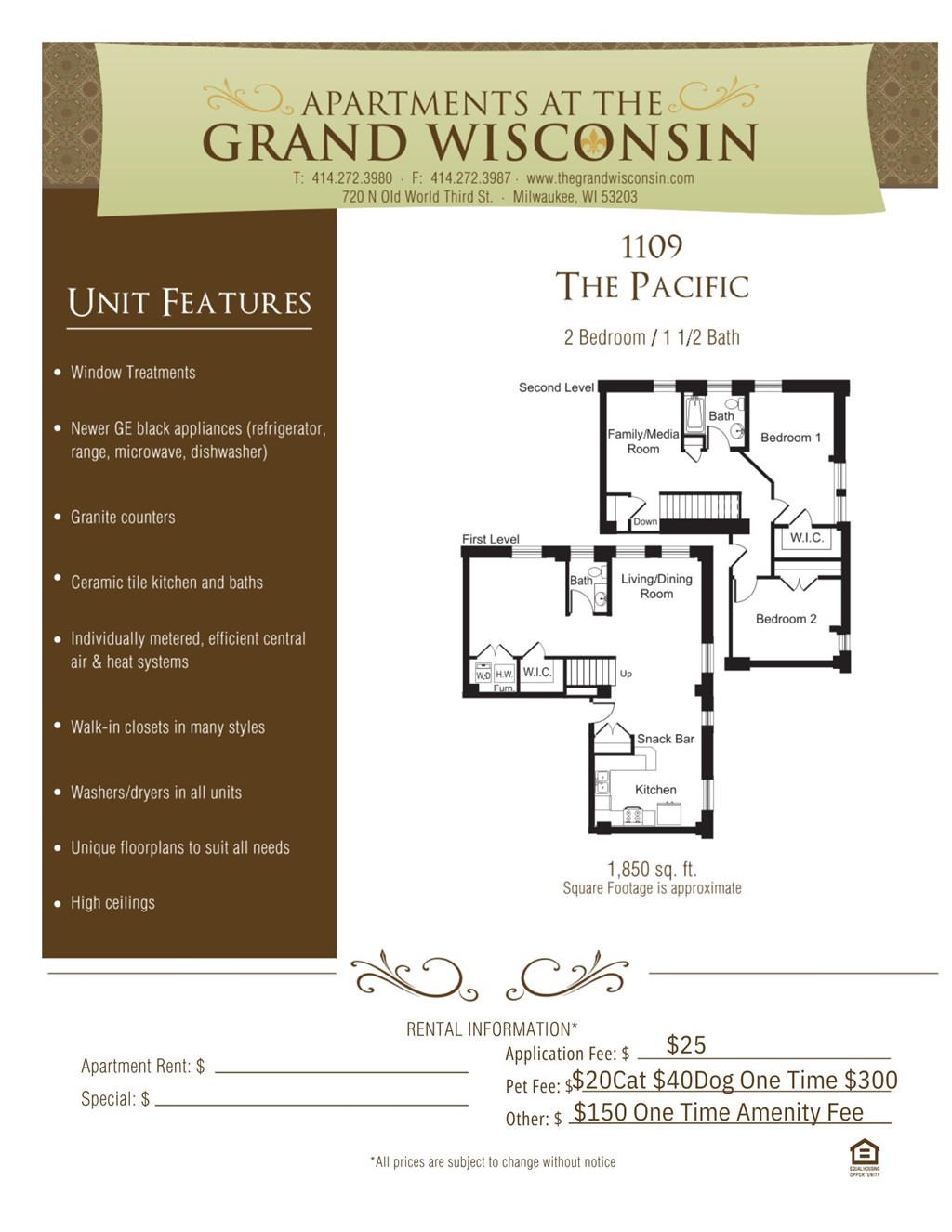 Apartment rental information of floor plan Pacific at Grand Wisconsin, Milwaukee, WI, 53203