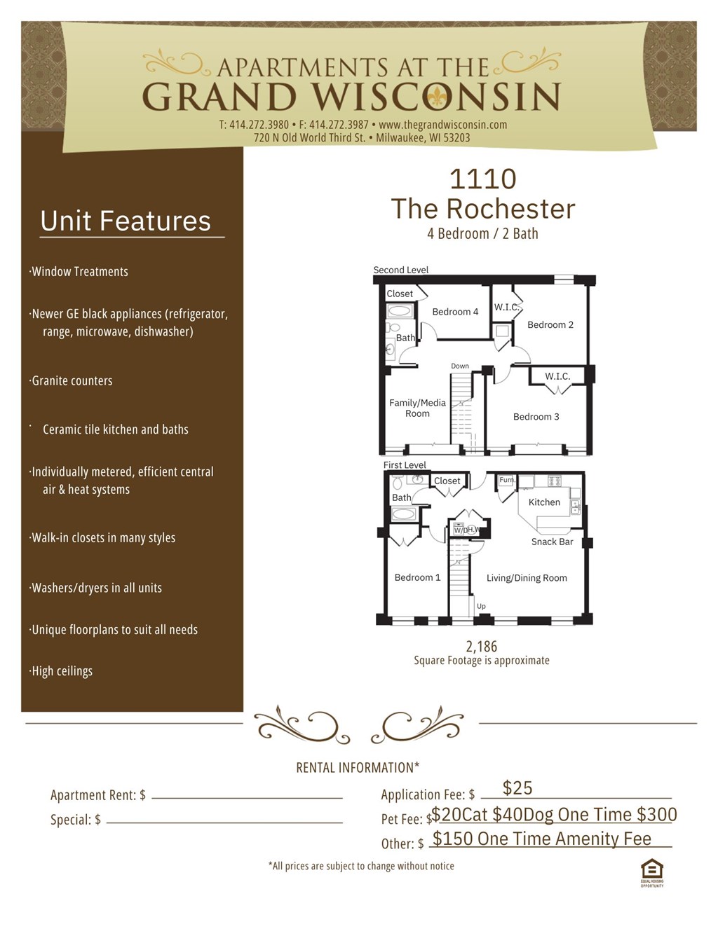Apartment rental information of floor plan Rochester at Grand Wisconsin, Milwaukee, WI