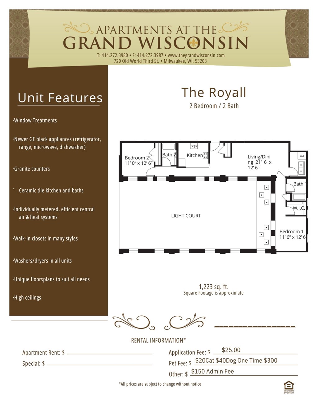 Apartment rental information of floor plan Royall at Grand Wisconsin, Milwaukee, WI, Wisconsin , 53203