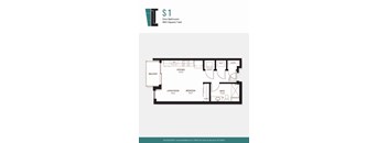 A floor plan of a one-bedroom apartment with a bathroom, kitchen, living room, bedroom, and balcony.