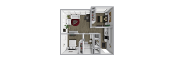 a stylized floor plan of a small apartment with a bedroom and living room
