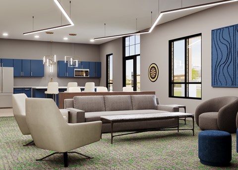 A modern living room with a grey carpet and blue accent wall.