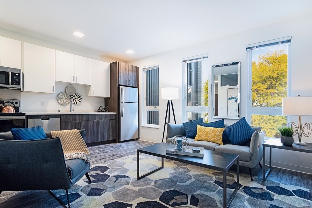 A modern living room with a black and white patterned rug.