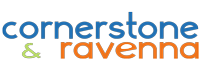 The image displays the text "cornerstone & ravenna" in different colors.
