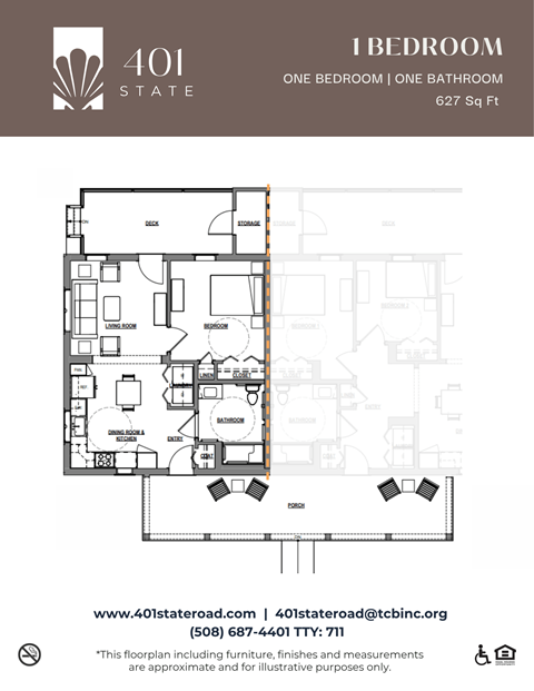 A floor plan for a 1 bedroom apartment sized at 627 square feet.