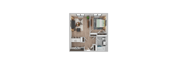 A top down view of a small apartment with a kitchen, living room, and bathroom.