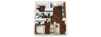A top down view of a living room with a couch, coffee table, and television.