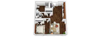 A top-down view of a small apartment with a living room, kitchen, and bedroom.