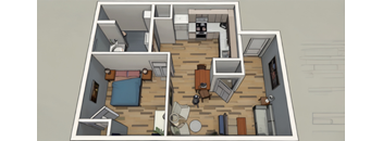 A drawing of a house with a kitchen, living room, and two bedrooms.
