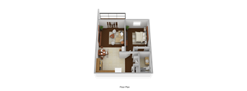 A floor plan of a house with two bedrooms, a living room, a kitchen, and a bathroom.