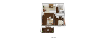 A floor plan of a house with a living room, dining area, kitchen, and bathroom.
