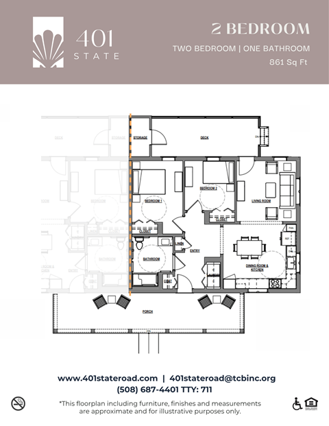 A floor plan for a 2 bedroom, one bathroom apartment at 401 State.