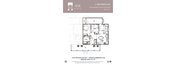 A floor plan for a 2 bedroom, one bathroom apartment at 401 State.