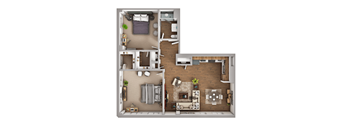 A top-down view of a two-bedroom apartment with a living room, kitchen, and bathroom.