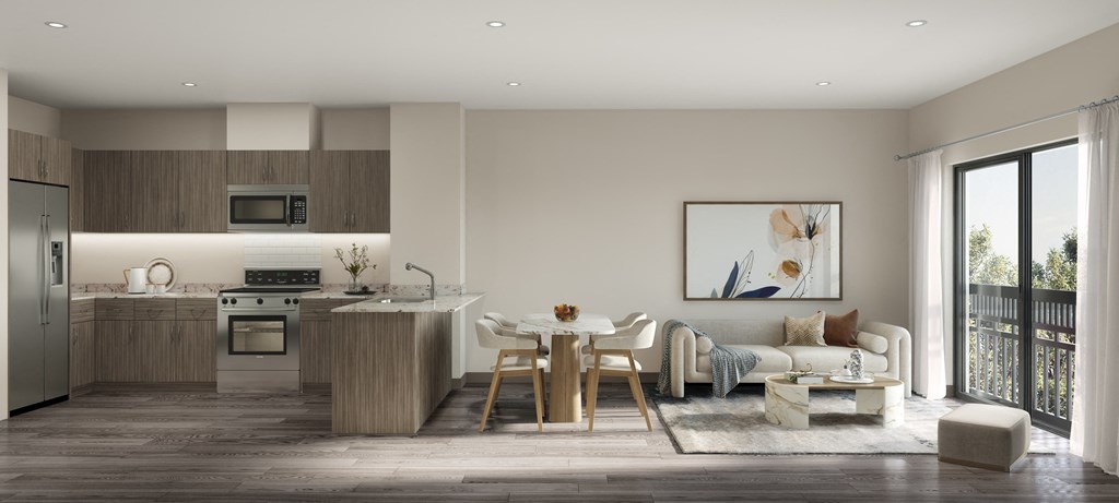 a rendering of a living room and kitchen in an apartment