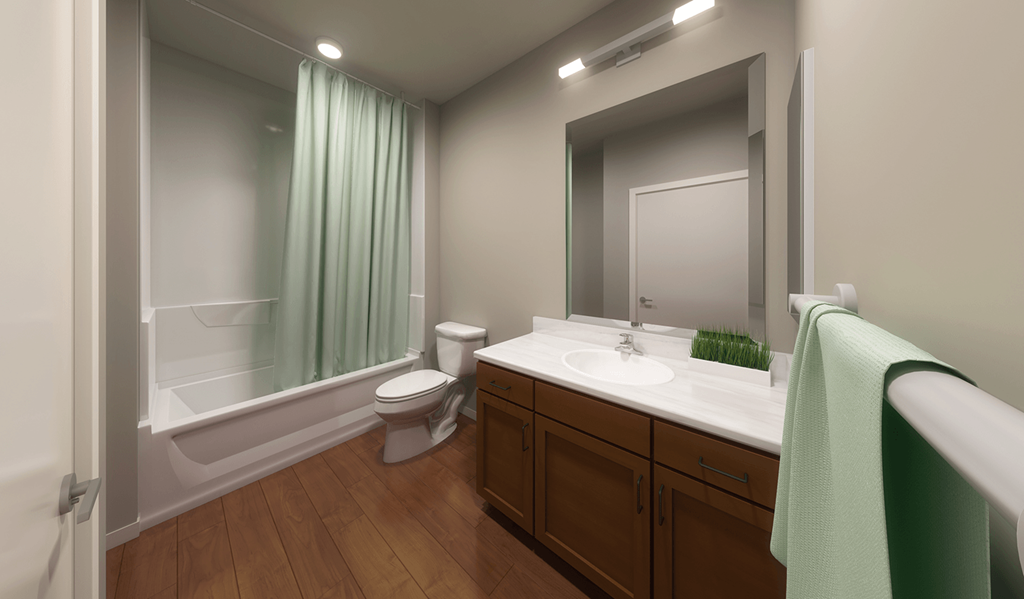 a bathroom with a mirror and a toilet and a sink