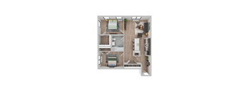 A top down view of a small apartment with a bedroom, living room, kitchen, and bathroom.