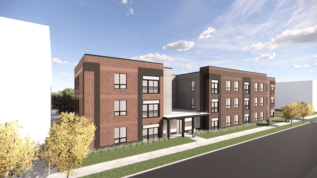 a rendering of a three story apartment building with a sidewalk in front of it