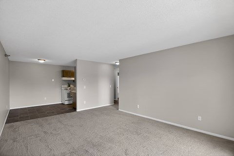 A spacious room with a carpeted floor and a white ceiling.