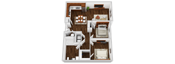 A top-down view of a small apartment with a bedroom, living room, and kitchen.