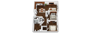A top-down view of a small apartment with a bedroom, living room, and kitchen.