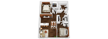 A top-down view of a small apartment with a bedroom, living room, kitchen, and bathroom.