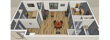 A drawing of a house with a kitchen, living room, and dining room.