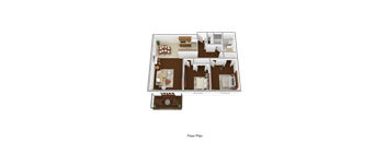 A floor plan of a house with a kitchen, living room, and bedrooms.