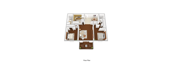 A floor plan of a house with a living room, dining room, kitchen, and two bedrooms.