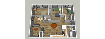 A floor plan of a house with a kitchen, living room, and bedrooms.