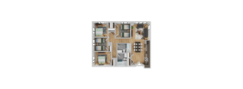 A top-down view of a house layout with a living room, kitchen, and bedrooms.