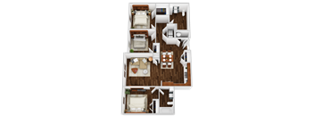 A top-down view of a house layout with two bedrooms, a living room, a kitchen, and a bathroom.