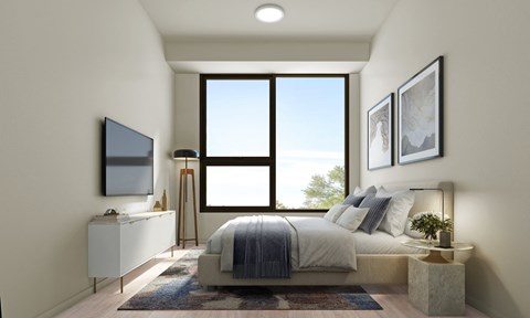 a rendering of a bedroom with a bed and a window