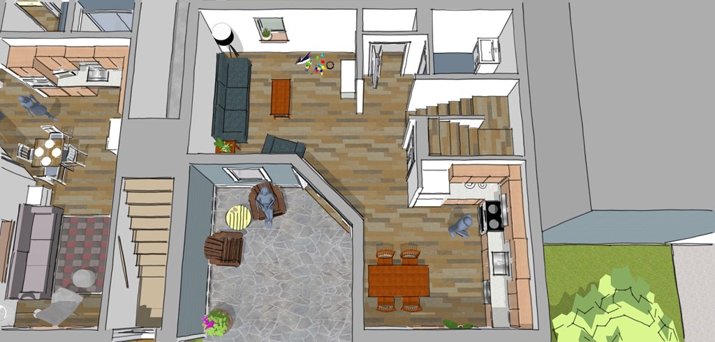 A 3D rendered image of a house interior.