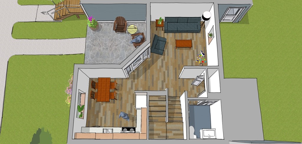 A drawing of a house with a deck and a kitchen.