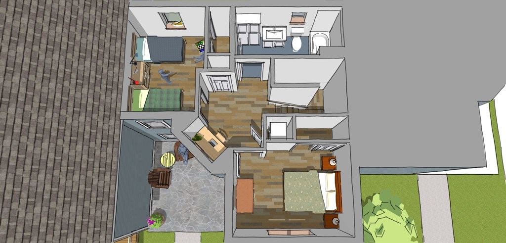 A 3D rendered image of a house layout.