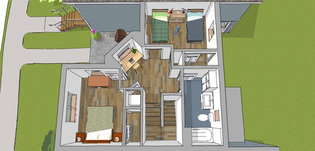 A 3D rendered image of a house with a green lawn and a pond.