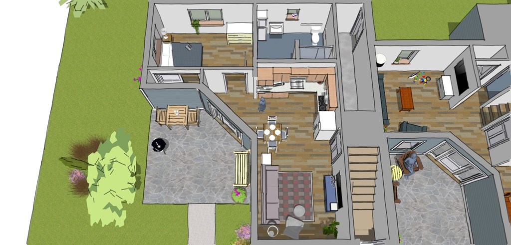 A 3D rendered image of a house with a kitchen, living room, and a staircase.