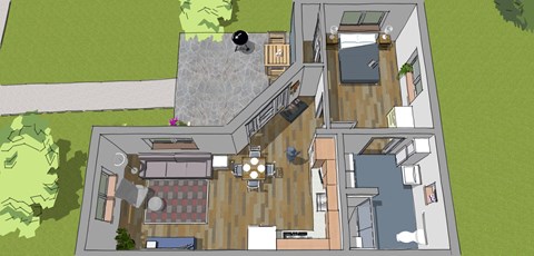 A 3D rendered image of a house with a living room, kitchen, and dining area.