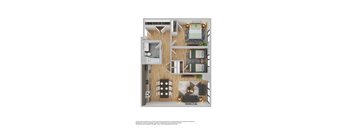 A floor plan of a small apartment with a kitchen, living room, and bedroom.