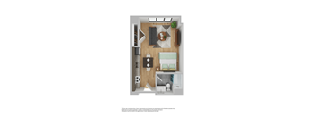 A floor plan of a small apartment with a kitchen, living room, and bathroom.