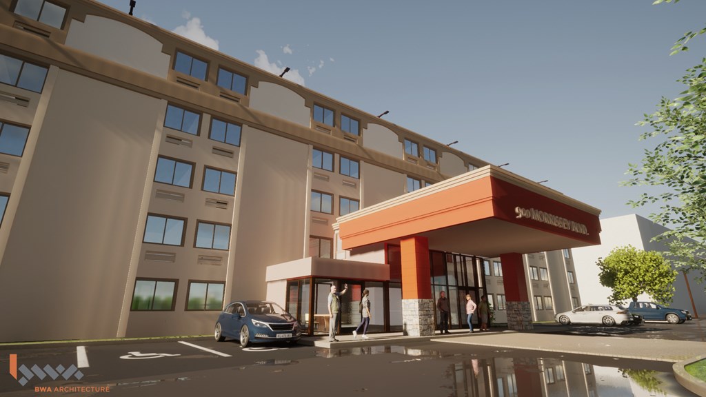 A modern building with a red awning and cars parked in front.