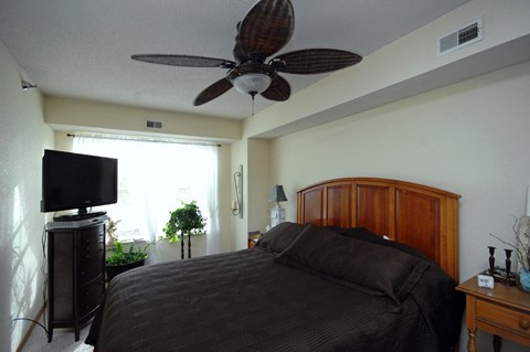 A bedroom with a bed, a ceiling fan, and a television.