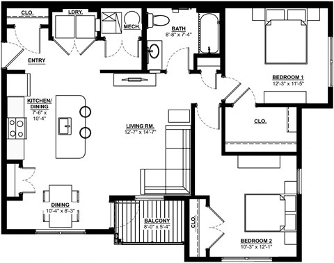 2D layout of 2 bedroom flat