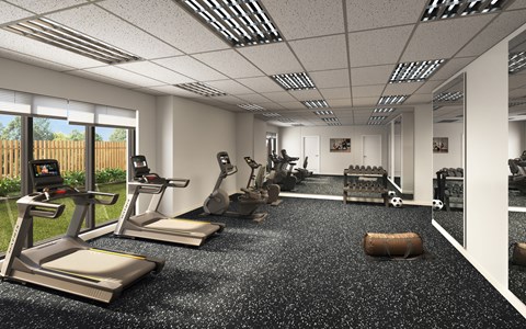 A gym with treadmills, elliptical machines, and other exercise equipment.