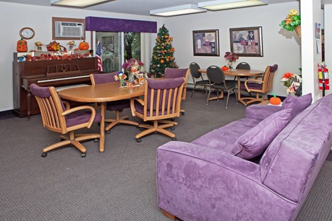 A purple couch sits in a living room with a Christmas tree in the background.